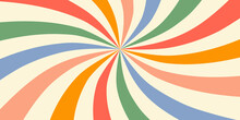Retro Horizontal Background With Sunburst In A Spiral Or Swirled Radial Striped Design. Blue, Yellow, Pink And Green Colors. Trendy Vector Illustration In Style 70s, 80s