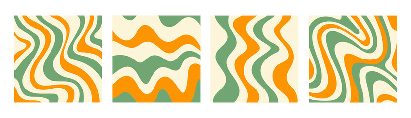 Poster - Abstract set square backgrounds with colorful waves. Trendy vector illustration in style retro 60s, 70s. Green, yellow and beige colors