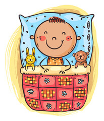 Wall Mural - Illustration of cute little kid boy sleeping in bed with her toys