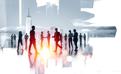 Poster - Conference in business company, New York skyscrapers with people silhouette