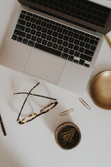 Wall Mural - aesthetic luxury fashion boutique branding composition. elegant boho lady boss workspace with laptop