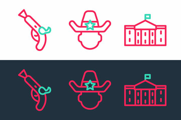 Sticker - Set line United States Capitol Congress, Vintage pistols and Sheriff cowboy icon. Vector