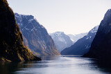 Fototapeta Góry - Norwegian Landscape scenic steep snow caped mountain cliffs