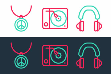 Poster - Set line Headphones, Necklace with peace symbol and Vinyl player icon. Vector