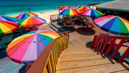 Travel and tourism umbrellas and beach tables Bahamas