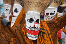Phi Ta Khon Festival In During June - July In Loei Province, Young People Dressed Colorful And Masks And Dance With Fun. Traditional The Show Art And Culture Dan Sai Or Halloween Of Thailand