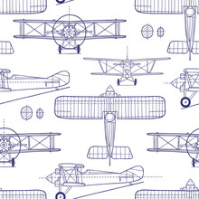 Hand Drawn Vintage Airplane Blueprint. Seamless Vector Pattern. Perfect For Textile, Wallpaper Or Print Design.