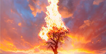 Burning Tree On Fire At Day With Stormy Sky
