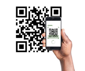 african american man scanning qr code with smartphone on white background, closeup