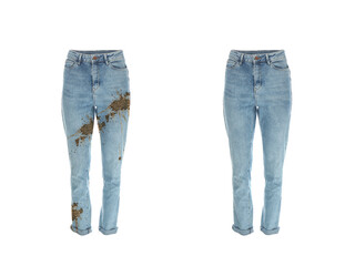 Canvas Print - Stylish jeans before and after washing on white background, collage. Dry-cleaning service