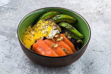 Wall Mural - Beautiful salmon and poached egg with avocado.