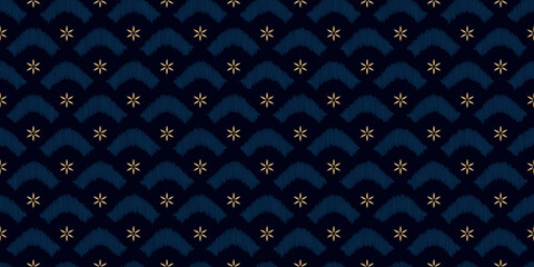 Scallop pattern elegant small flowers motif seamless classic blue floral background. Modern Japanese style fabric design textile swatch ladies dress allover print block.