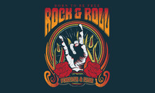 Rock And Roll Vector Print Design For T Shirt And Others. Hand With Rose Print Design For Apparel, Stickers, Posters And Background. Fire Retro Artwork.