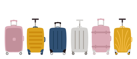 A group of fashionable suitcases on wheels with a handle. Types of luggage. Vector illustration isolated on a white background