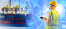 Woman Engineer. Seaport Logistics. Girl Engineer Is Working On Logistics. Engineer In Cargo Port. Ship With Containers Symbolizes Shipping. Cargo Harbor Employee Holding Tablet. Woman In Yellow Vest