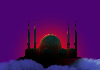 Wall Mural - Eid Mubarak banner. Sunset behind mosque. Dome of mosque on purple. Eid Mubarak Ramadan. Masjid in clouds Holy holiday of Ramadan. Arabic religion. Eid Mubarak pilgrims promotion banner. 3d image.