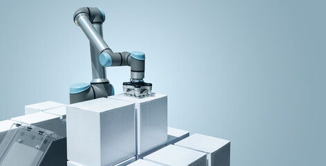 Poster - Robot arm with boxes on a gray background. Smart industry 4.0 concept