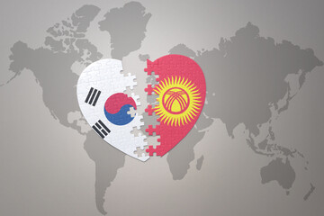 puzzle heart with the national flag of kyrgyzstan and south korea on a world map background. Concept.