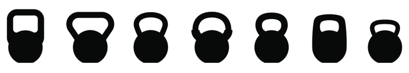 Kettlebell icon. Set of different kettlebell. Vector illustration. Kettlebell for a sports hall. Black signs