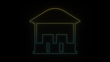 Glowing Neon Warehouse With Goods Icon On Black Background. Storage Of Goods In A Protective Room. Storage Of Military Goods In Safety. 4K Video Animation For Motion Graphics And Compositing.