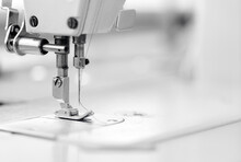 Banner Industry Tailor Sewing Machine On Table Workshop Of White Background