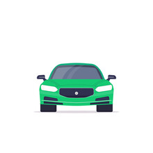 Front View Of Green Sedan Car. Flat Style Vector Illustration. Vehicle And Transport Banner. Modern Sedan From Front.