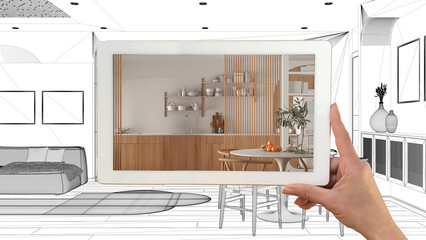 Wall Mural - augmented reality concept. hand holding tablet with ar application used to simulate furniture produc