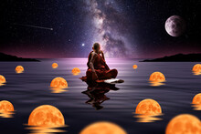Buddhist Monk Sitting In The Water With Spheres Of Light