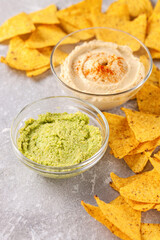 Hummus and guacamole with nachos on a gray background. Selective focus. Copy space