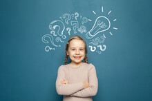 Portrait Of Child Girl Smiling. Success, Idea And Innovation Concept