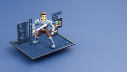 Game design development create characters animate pose 3d graphics artwork.Video game designer developer Creative software. 3d rendering.