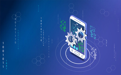 Web development and coding. Cross-platform development site. Application development banner, adaptive layout of the web interface of the application on the touch screen of the smartphone.