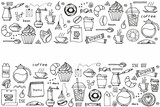 Fototapeta Dmuchawce - set of hand drawn coffee doodles: drinks, desserts, beans and other related objects. Vector sketch illustration background