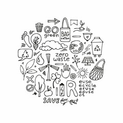 Zero waste lifestyle hand drawn set. vector doodle illustration. ecology and natural background.