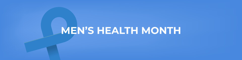 Wall Mural - Mens health month concept horizontal banner design template with blue ribbon and text isolated on blue background. June is national mens health awareness month vector flyer or poster