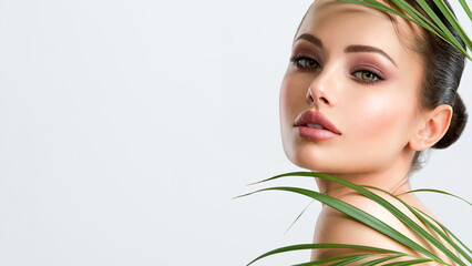 Wall Mural - young beautiful woman with healthy skin of face and palm leaves. closeup fresh face of an attractive