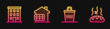 Set Line Trash Can, Multi Storey Building, House With Dollar And Donation Food. Glowing Neon Icon. Vector