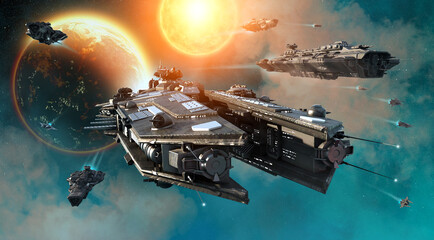 Poster - space ship fleet 3D illustration