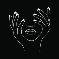 Wall Mural - Fashion minimalist woman face. Beautiful lips, nose, hands holding fase. Black background. One line drawing.