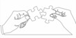 © mitay20 - One continuous line drawing of two hands holding puzzle pieces to unite them as sign to start business collaboration. Jigsaw wooden puzzle on white background. Concept of connection