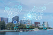 Panoramic picturesque Boston city view skyline and Massachusetts Institute of Technology campus at day time. A technological and educational center. Blockchain and cryptography concept, hologram