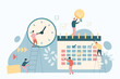 Employees work with calendar to plan and organize upcoming tasks. Tiny business people standing on ladder with clock, holding light bulb flat vector illustration. Productivity, time management concept