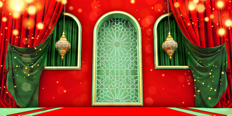 Wall Mural - Golden arabic ornament on the red wall with islamic door. islamic vip concept, ramadan, eid mubarak, red curtains