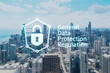 Aerial panorama city of Chicago downtown area and Lake, day time, Illinois, USA. Birds eye view, skyscrapers. GDPR hologram, concept of data protection regulation and privacy for all individuals