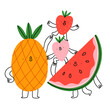 Cute pineapple, watermelon and strawberry fruit characters, vector illustration