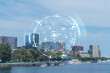 Panorama Boston city view skyline and Massachusetts Institute of Technology campus at day time. Glowing Social media icons. The concept of networking and establishing new connections between people