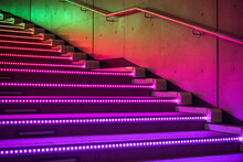 Rainbow Lighted Staircase At Night