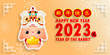 Happy Chinese new year 2023 greeting card cute rabbit with lion dance and chinese gold ingots, year of the rabbit zodiac, gong xi fa cai cartoon character isolated vector Translate Happy New Year
