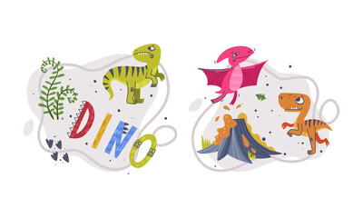 Sticker - Jurassic Park Composition with Funny Dinosaurs as Cute Prehistoric Creature and Comic Predator Vector Set