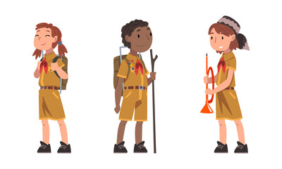 Sticker - Scouting children set. Boy and girl in explorer outfit hiking with backpacks cartoon vector illustration